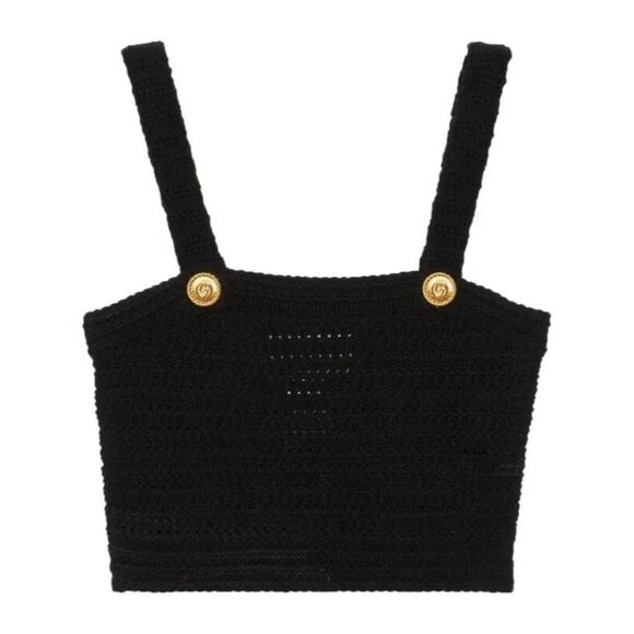 NWT GUCCI Crochet-Knit Sleeveless Crop Top Sz L Black 100% Authentic - Picture 1 of 10
